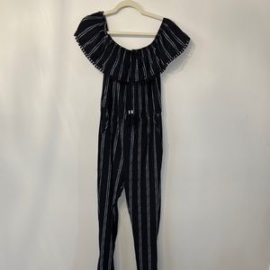Planet Gold Black and White Striped Off-Shoulder Jumpsuit